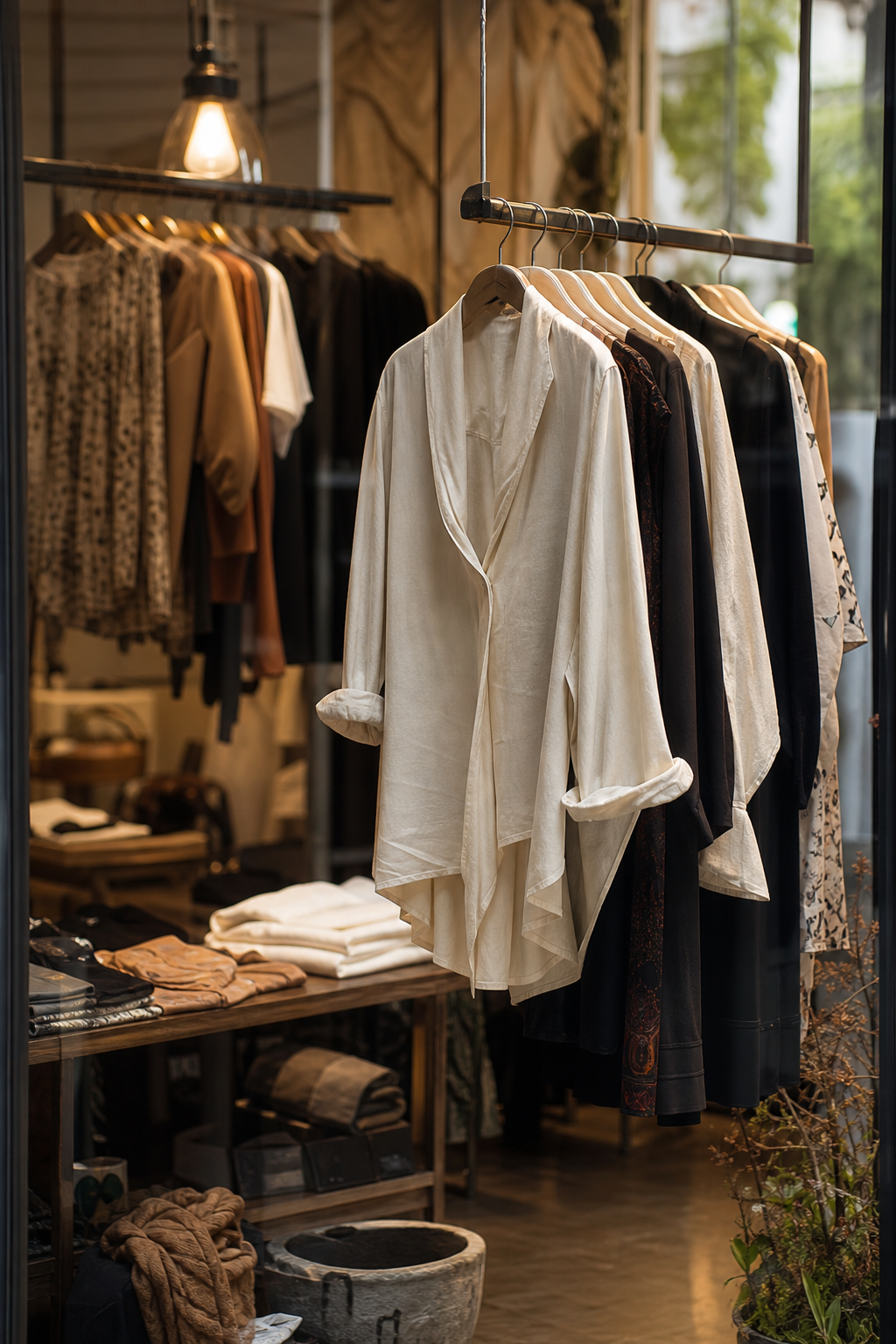 Askıda kıyafetlerin yer aldığı butik vitrin ve mağaza arka planı